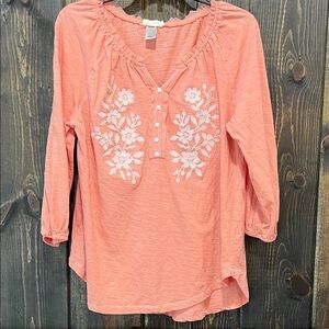 Soleillee Boho Henley Top L Floral Ruffle Mesh Coral Blouse Office Casual Preppy